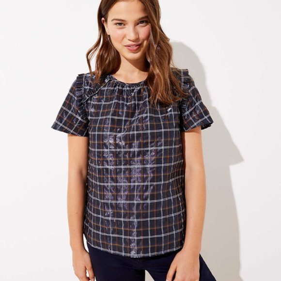 Plaid LOFT Short Sleeve Ruffle Shimmer Blouse Top (NWT) - Picture 4 of 4